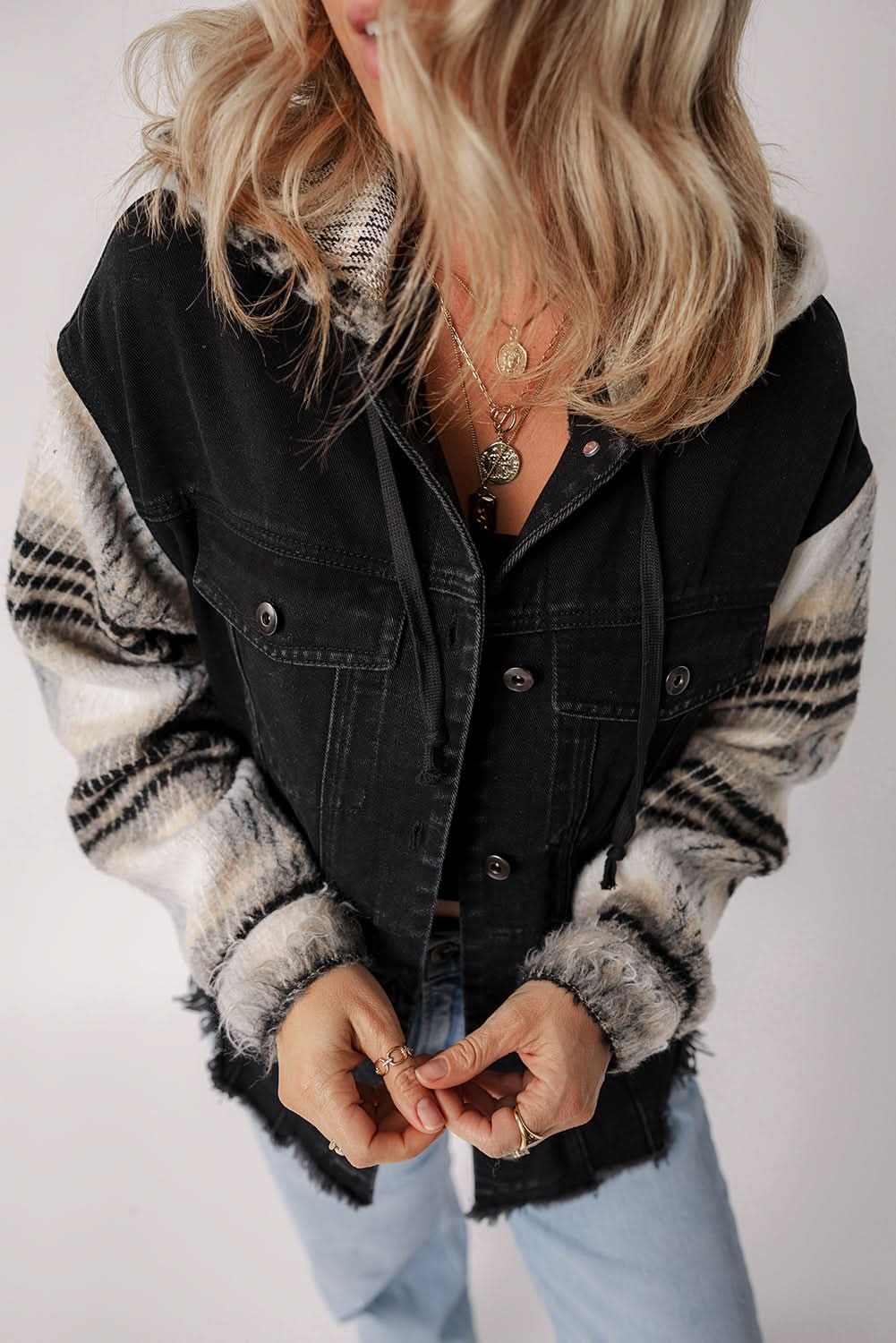 Black Plaid Sleeve Frayed Hem Hooded Denim Jacket - Love Salve